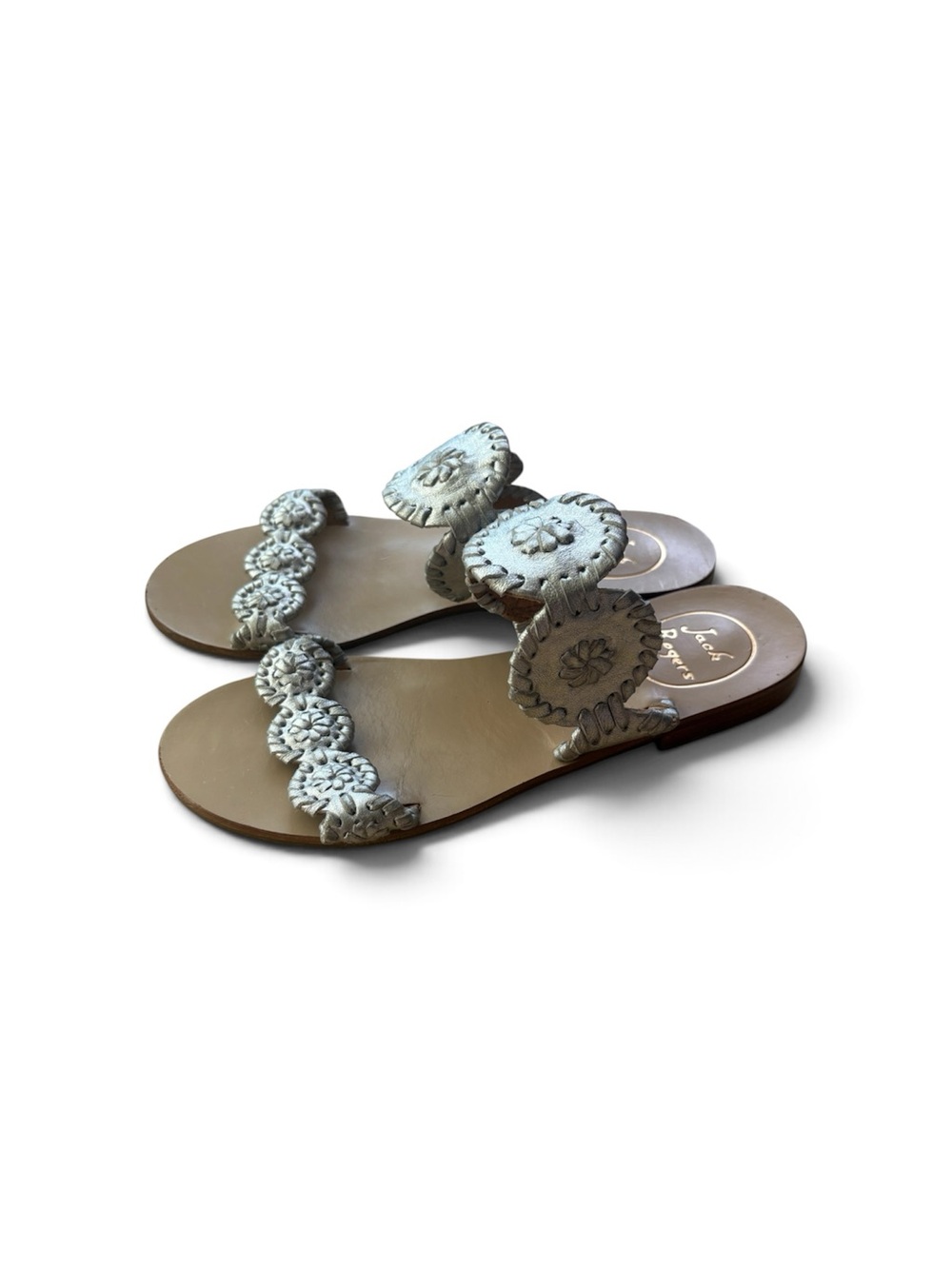 Jack Rogers 5M Lauren platinum slide sandal slight heel double leather straps